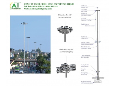 Trụ Đèn Chiếu Sáng Đa Giác Giàn Nâng Hạ 17m, 20m, 25m, 30m